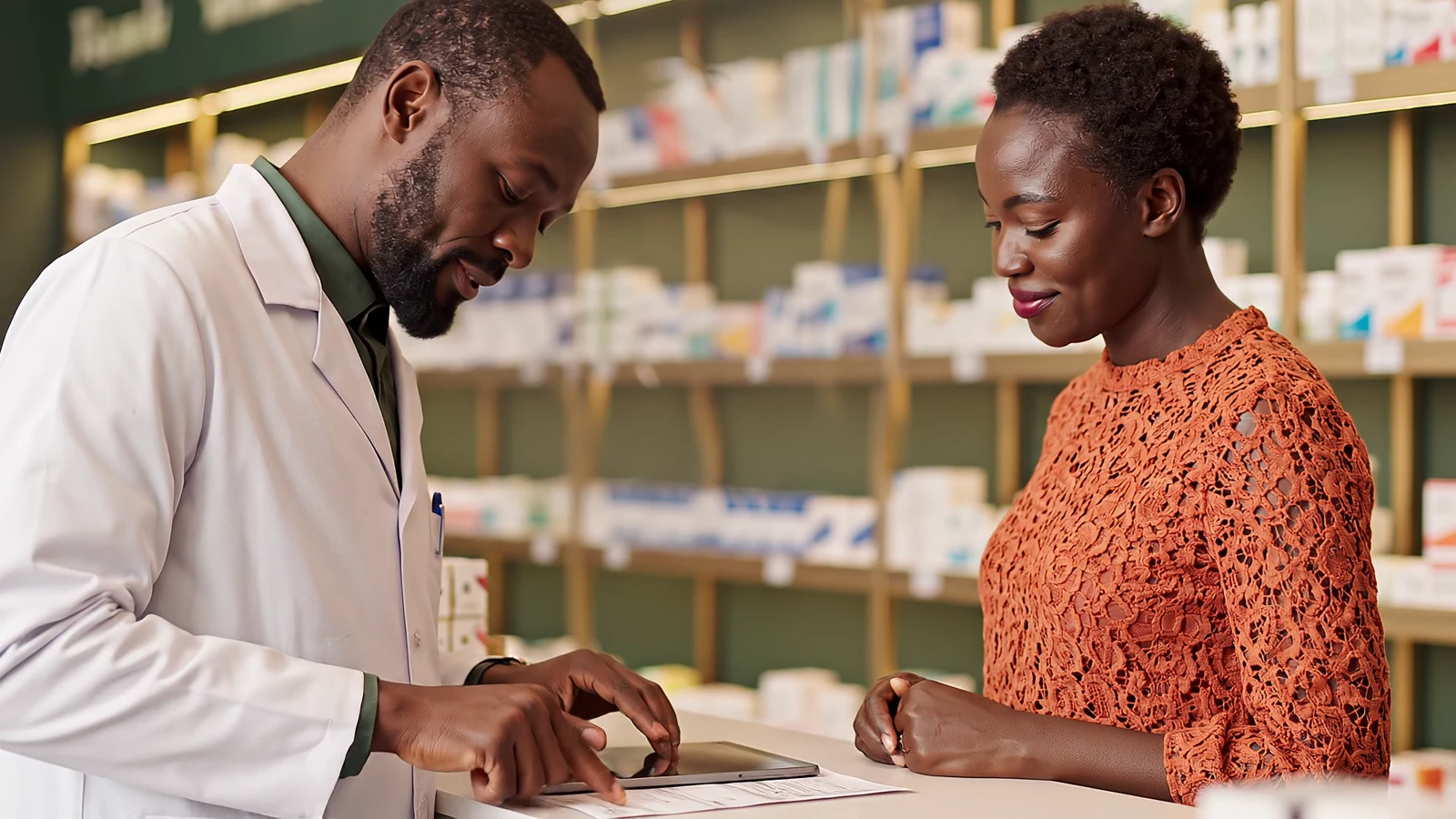 Rencontre illustrative entre une patiente et un pharmacien sénégalais