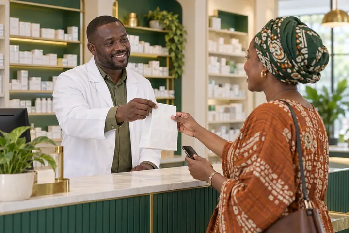 Un pharmacien échange avec une patiente à son officine